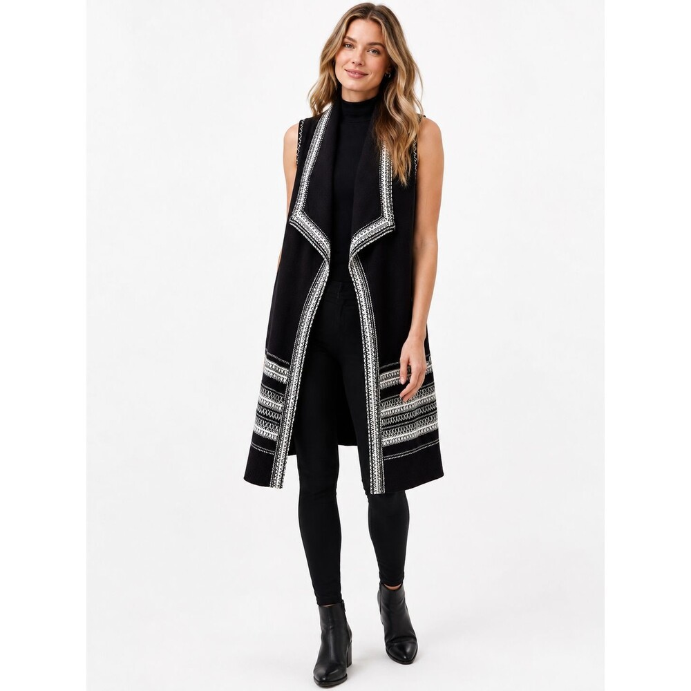 Vince Sweater Size Small Black White Sleeveless Long Open Front Vest Duster